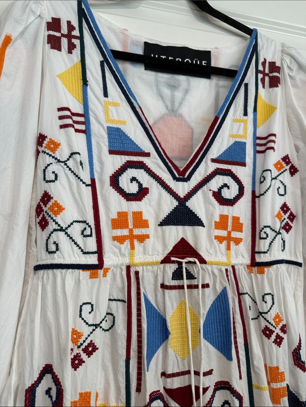 Uterqüe White Maxi Dress with Multicolor Geometric Embroidery - Picture 2 of 5
